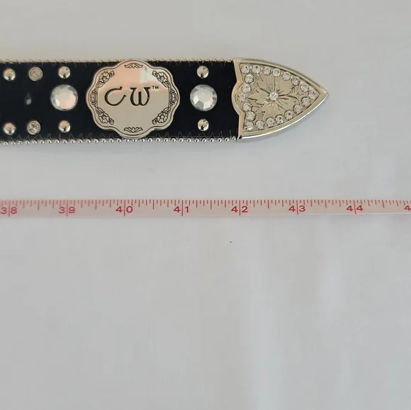 CW Country Western Crystal & Rhinestone Studded Leather Black Belt - Picture 13 of 13